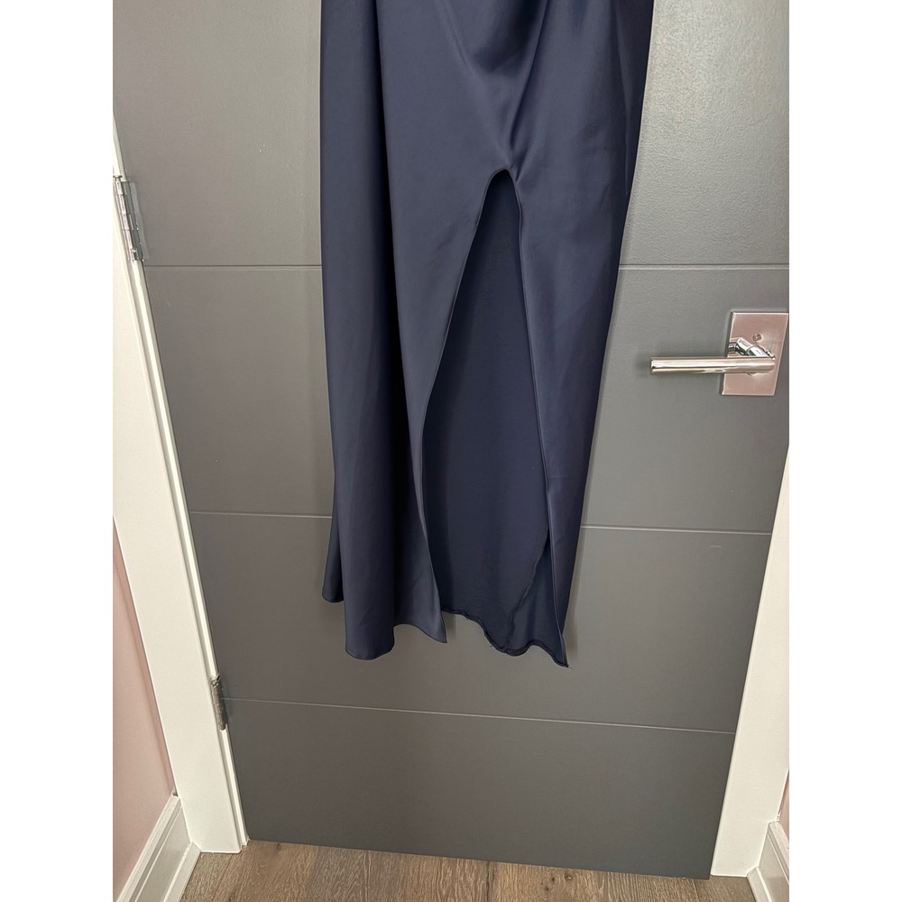 ASOS Navy Blue Satin One Shoulder Midi Dress Cowl Neck High Slit Size US 8 - Picture 7 of 7
